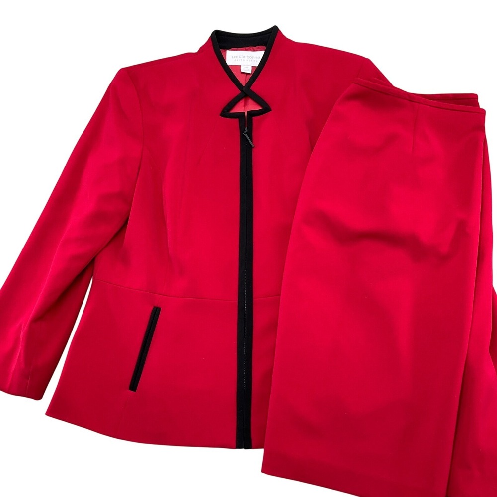 Liz Claiborne Skirt Suit Women 14 Petite Red Full Zip 90s Mod Notch Classic